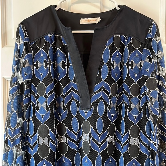 Tory Burch Elegant Blue and Black Geometric Sheath Midi Dress - Size Large - Picture 3 of 12